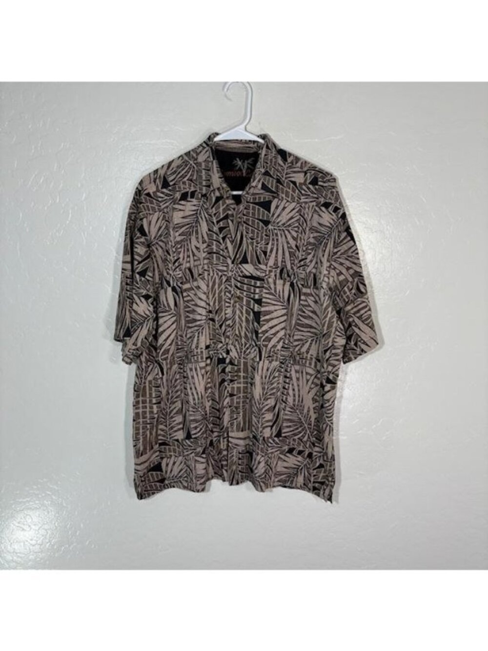 Bamboo Cay Shirt Mens Large Brown Black Tropical Leaf Aloha Hawaiian Button Up